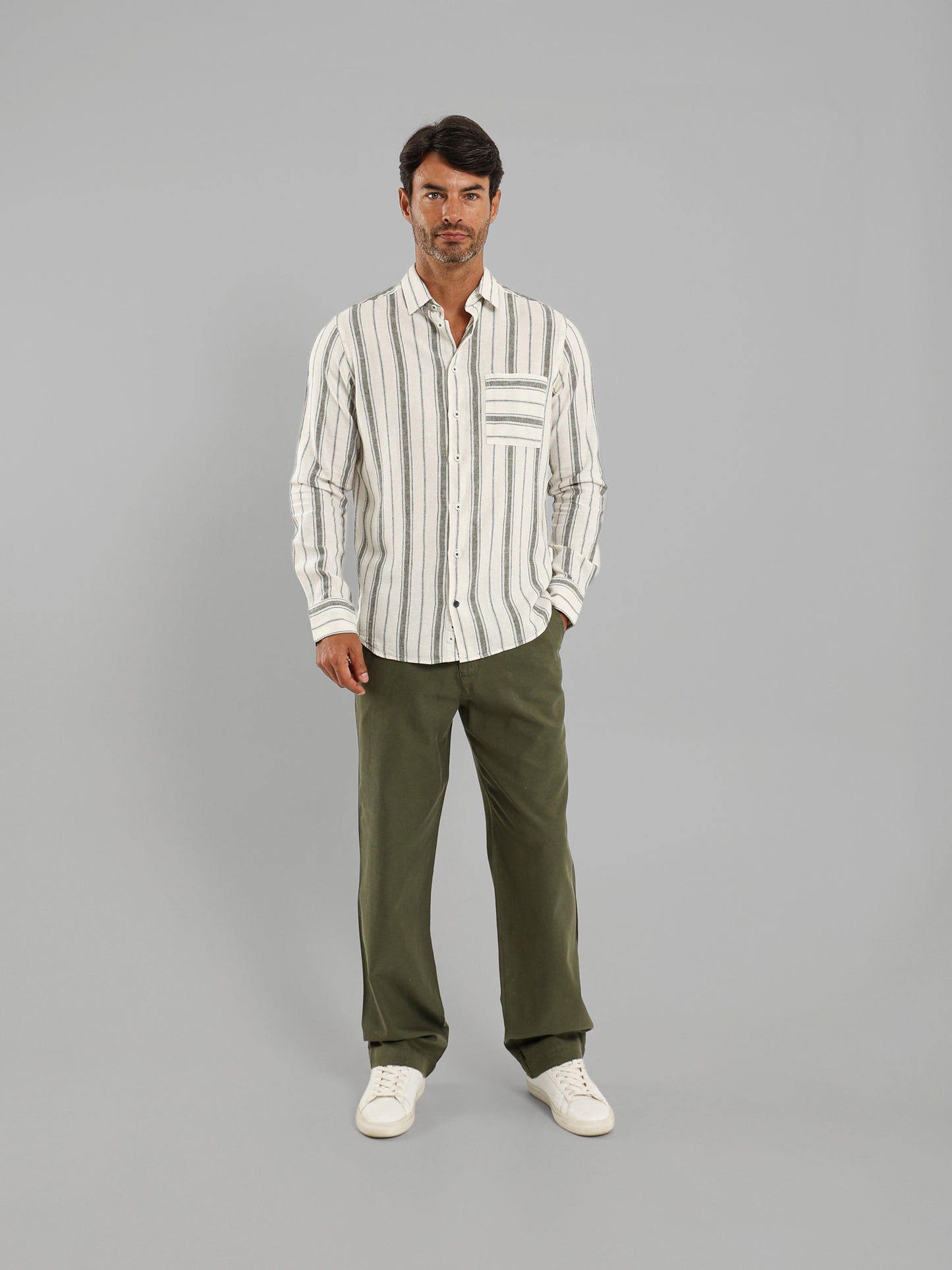 Kent Collar Striped Long Sleeve Shirt with Pocket