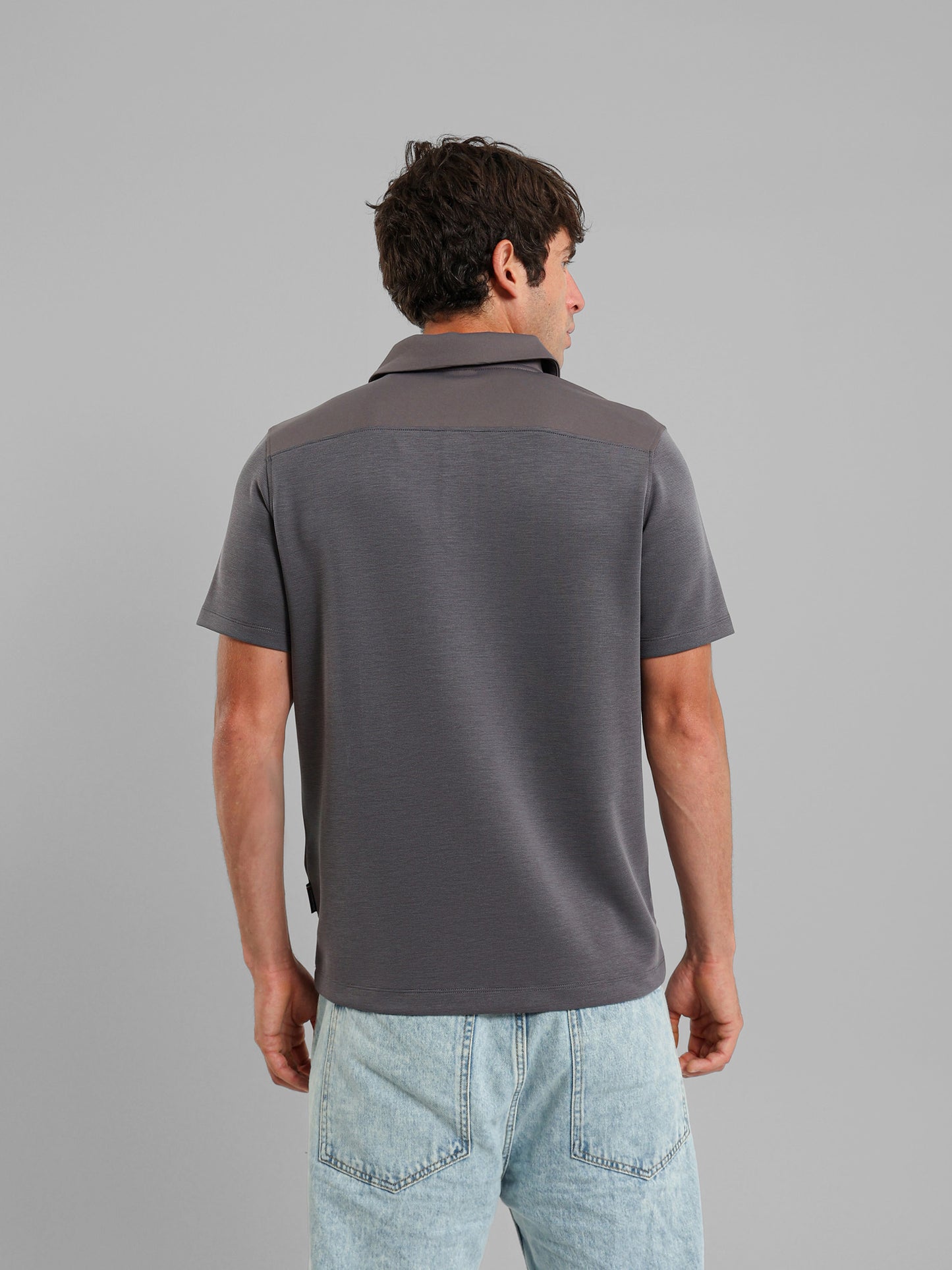 Snap-Button Two-Fabric Polo Shirt