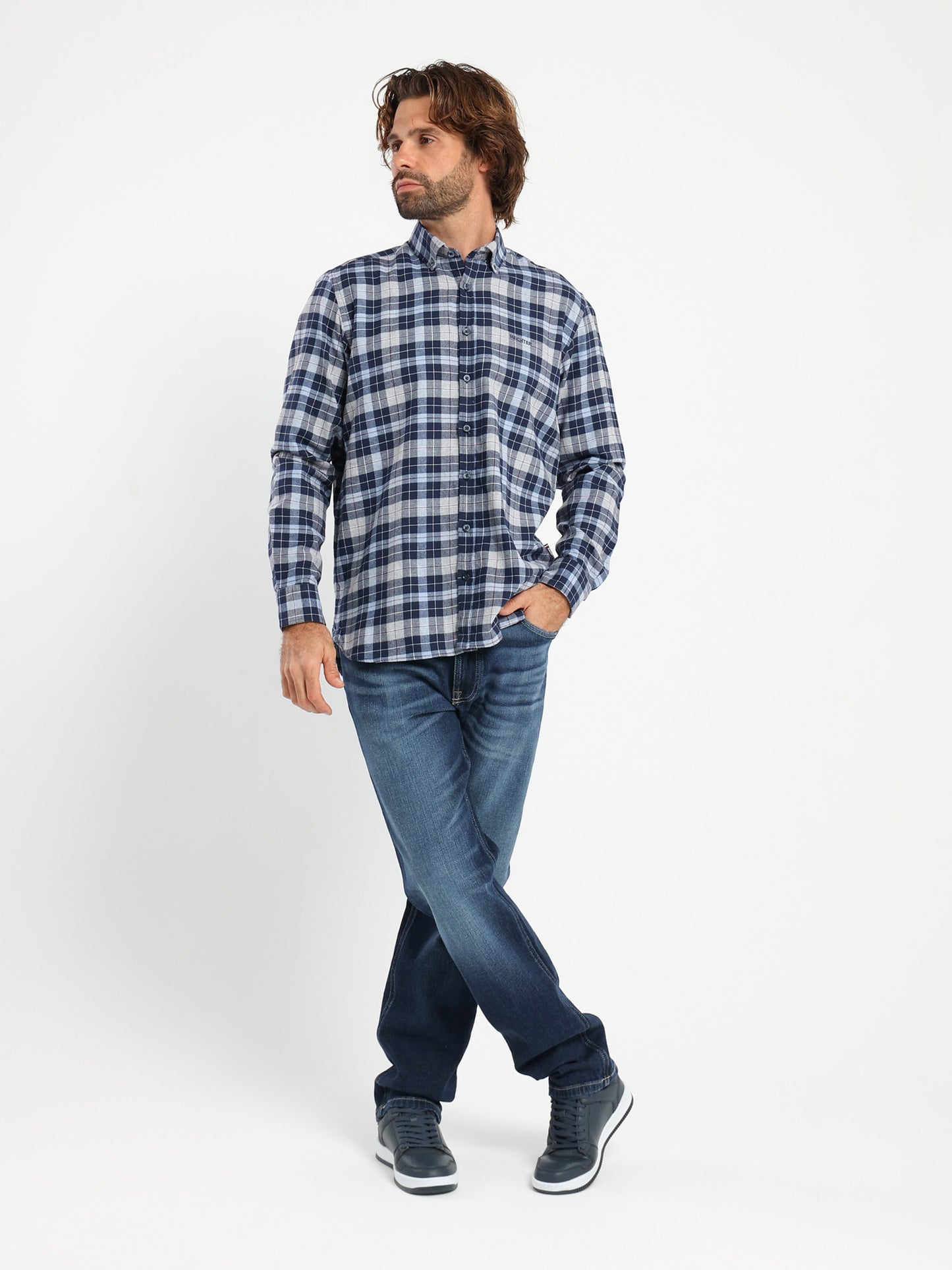 Button-Down Checked Cotton Long-Sleeve Shirt