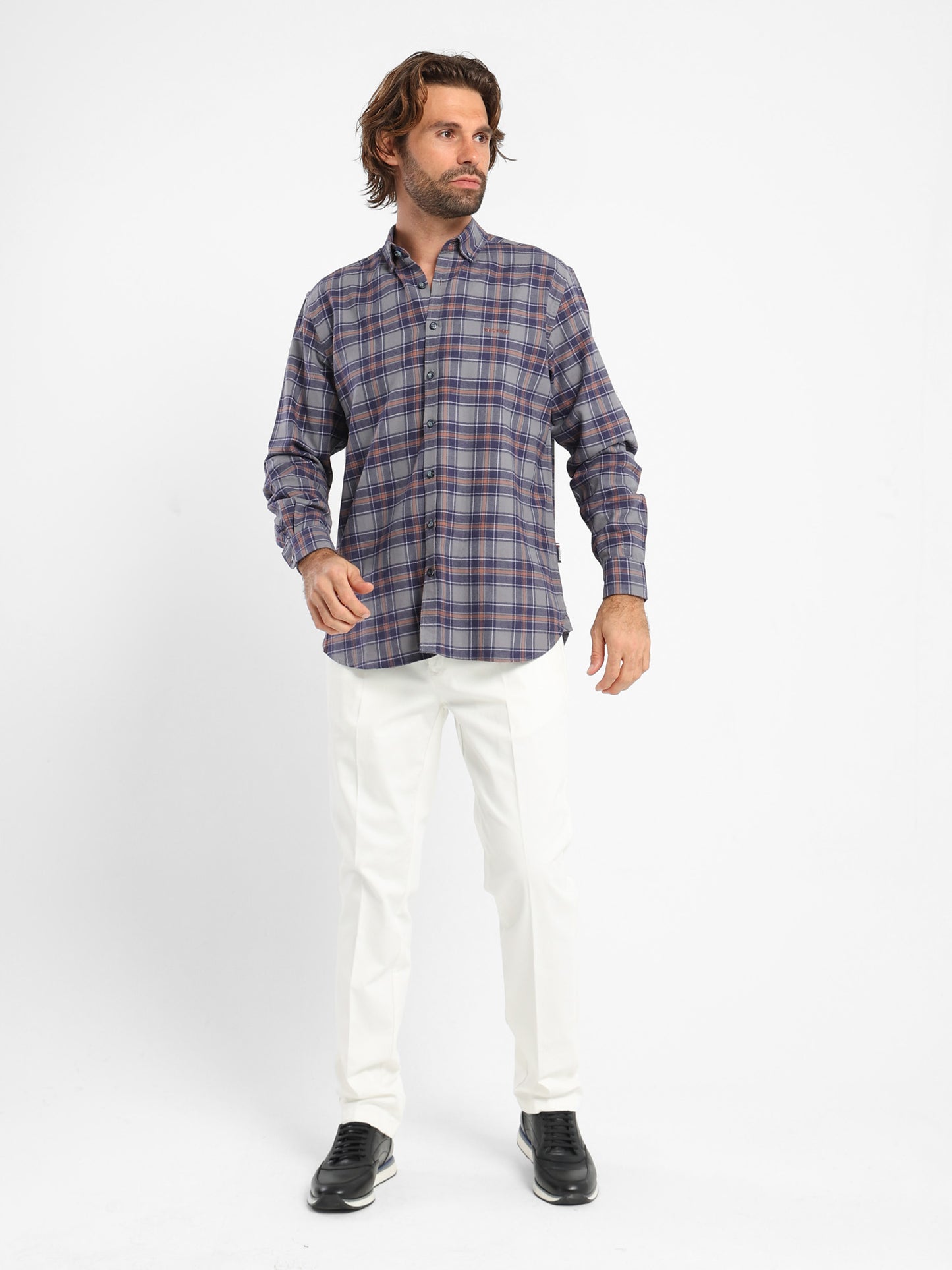 Button-Down Checked Cotton Long-Sleeve Shirt