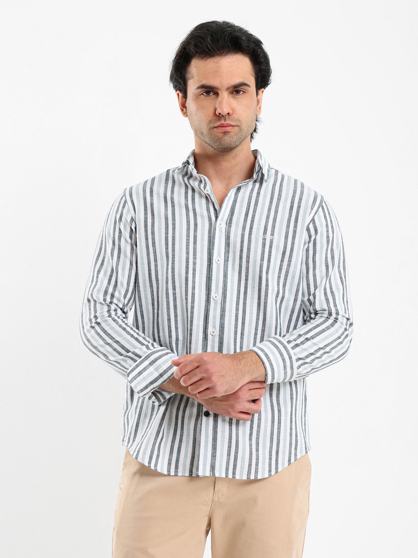 Wide Striped Shirt with Kent Collar