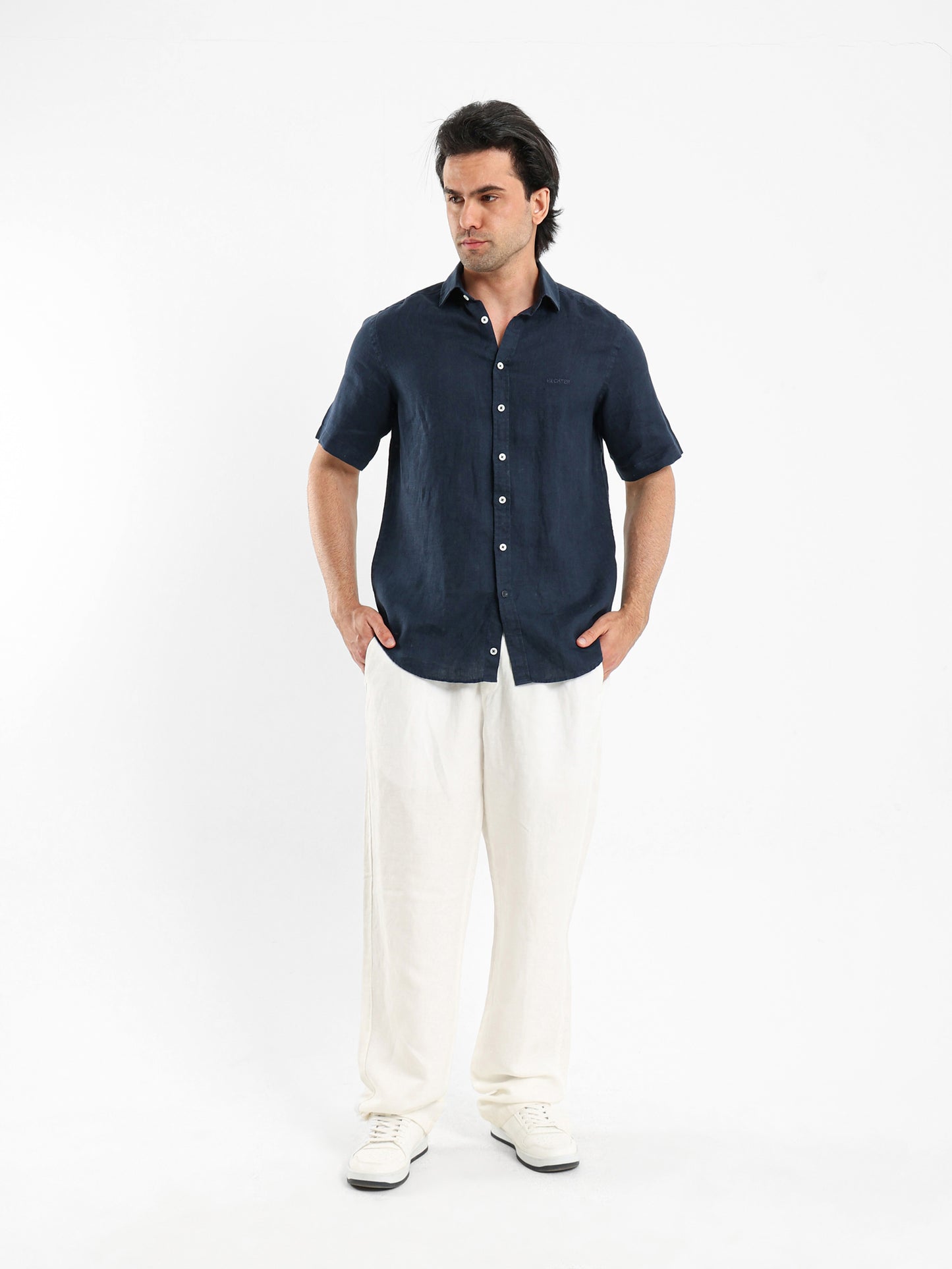 Basic Linen Shirt Short Sleeves Kent Collar