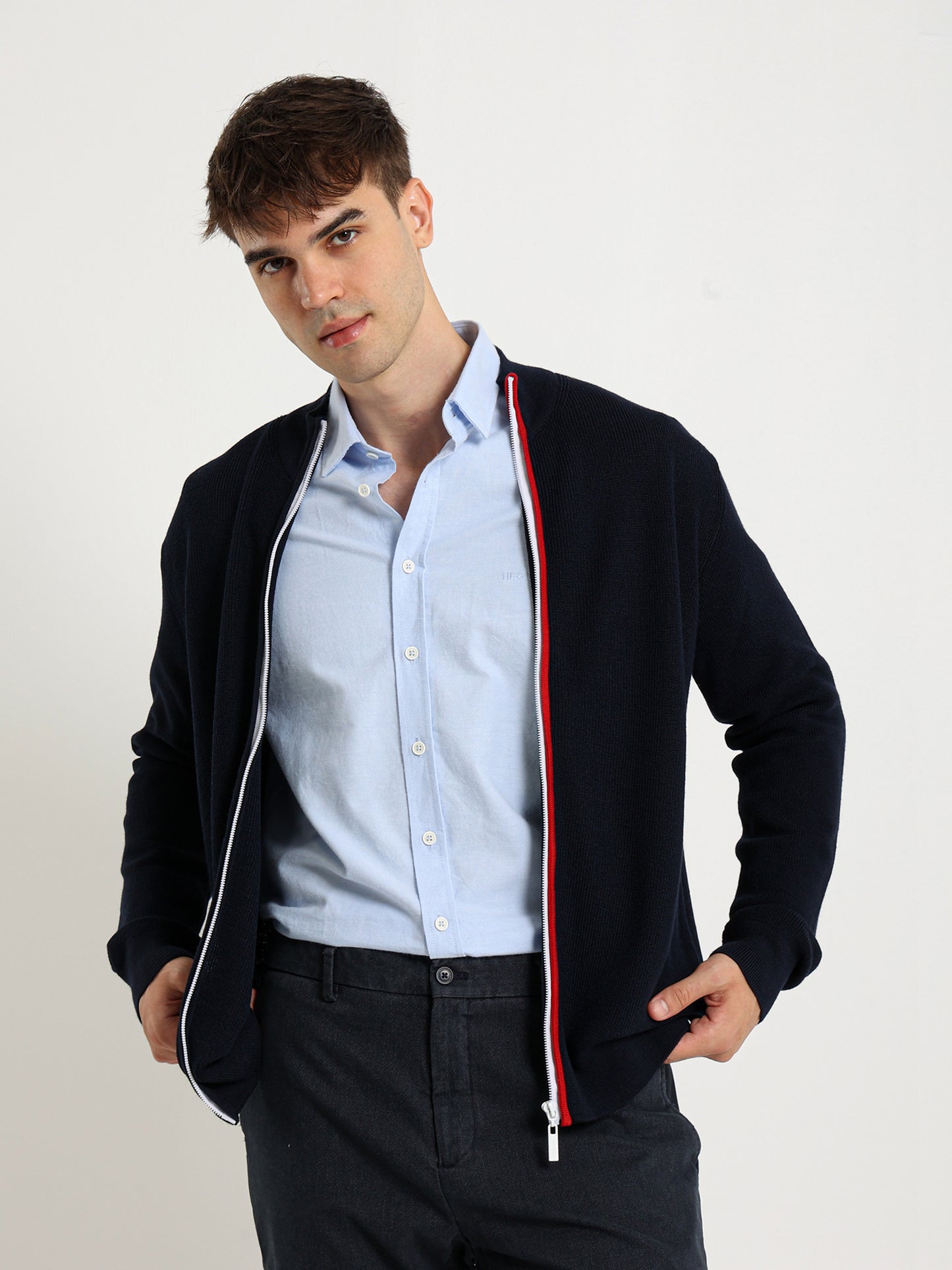 Mock Neck Structured Pullover with Flag Zip