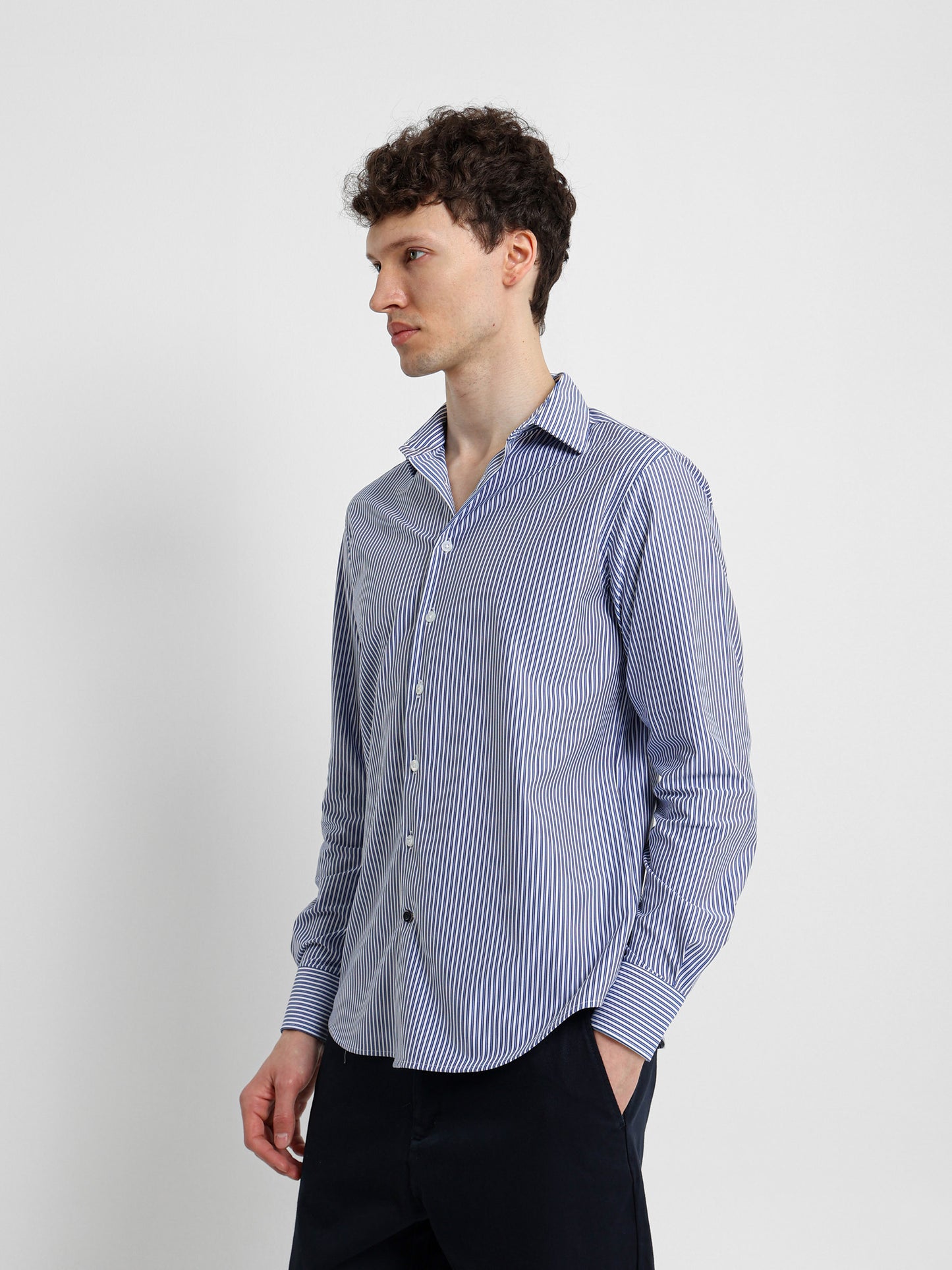Long Sleeve Kent Collar Striped Shirt