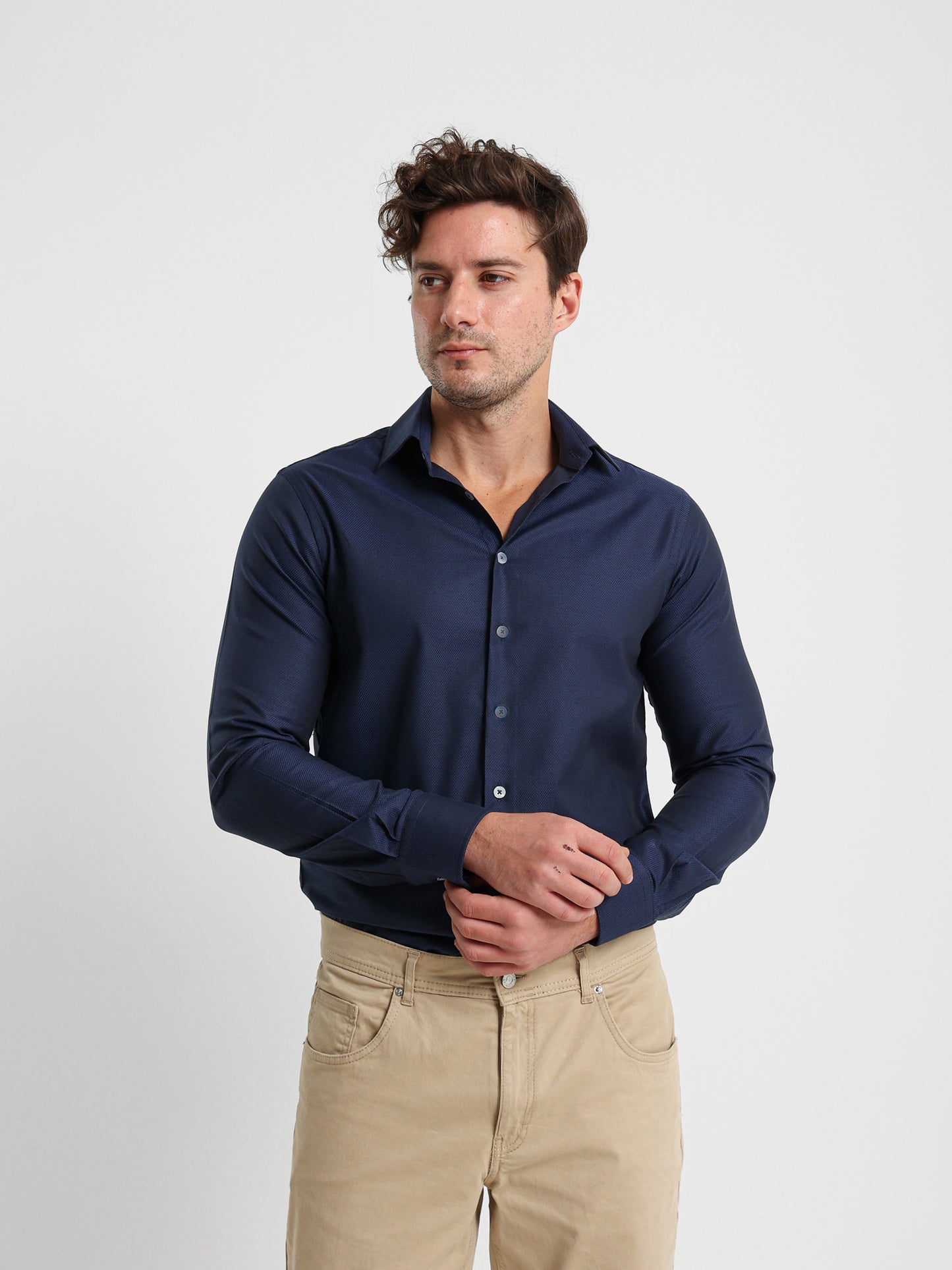 Kent Collar Textured Long Sleeve Shirt