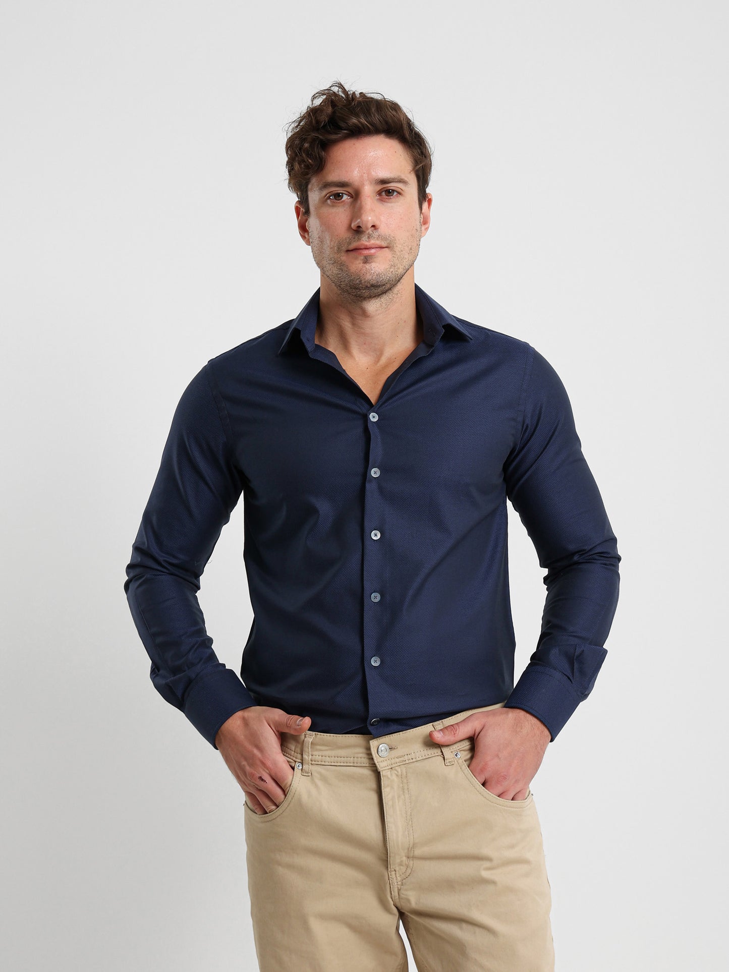 Kent Collar Textured Long Sleeve Shirt