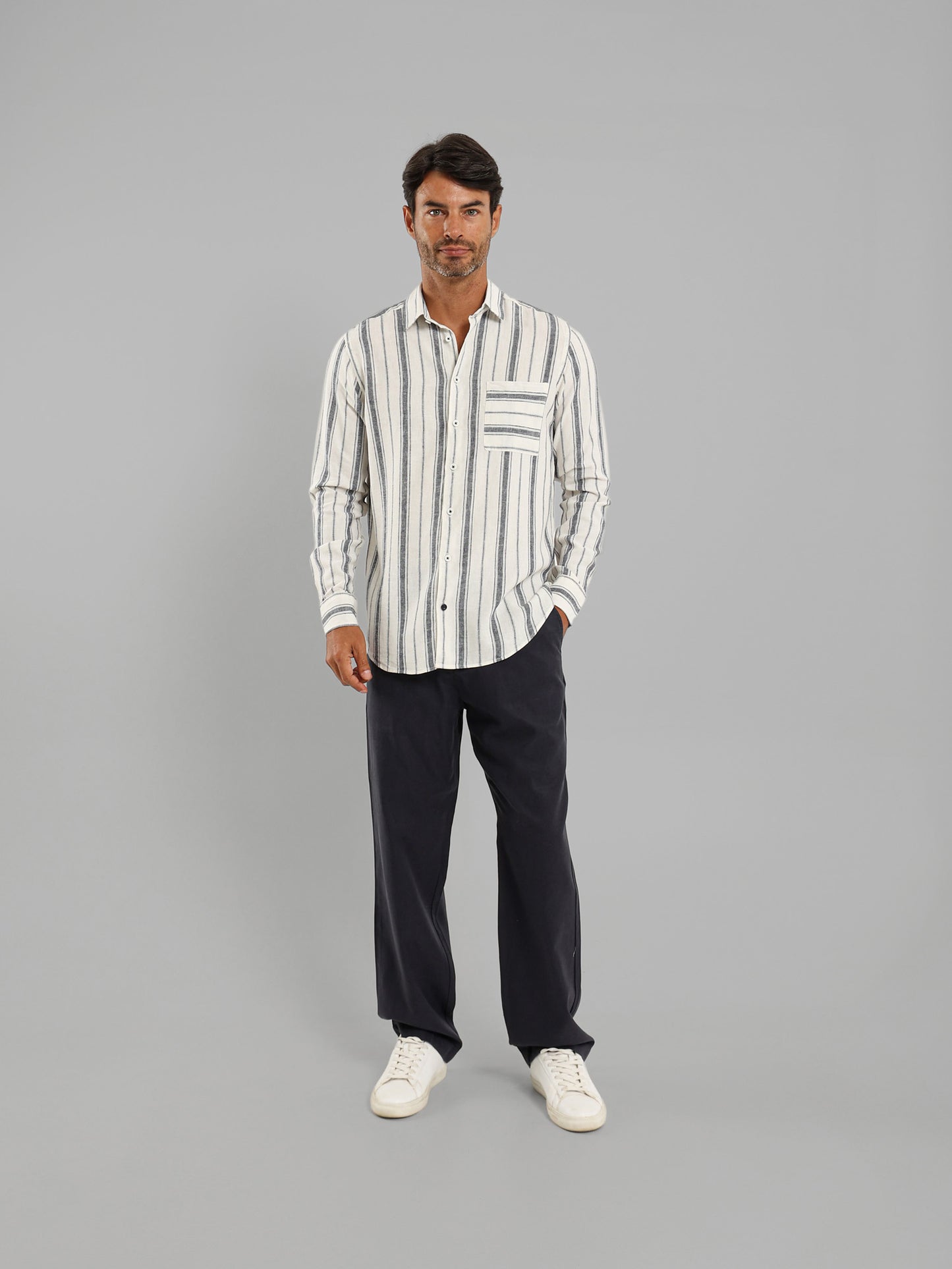 Kent Collar Striped Long Sleeve Shirt with Pocket