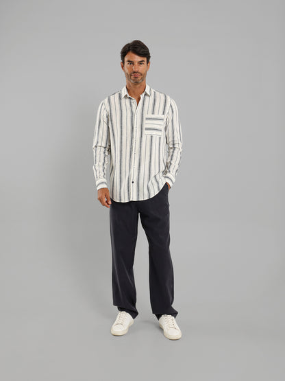 Kent Collar Striped Long Sleeve Shirt with Pocket