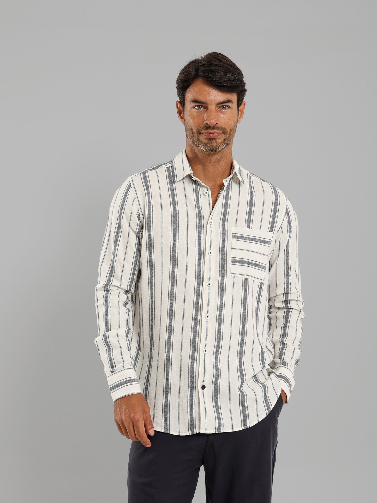 Kent Collar Striped Long Sleeve Shirt with Pocket