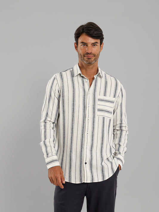 Kent Collar Striped Long Sleeve Shirt with Pocket