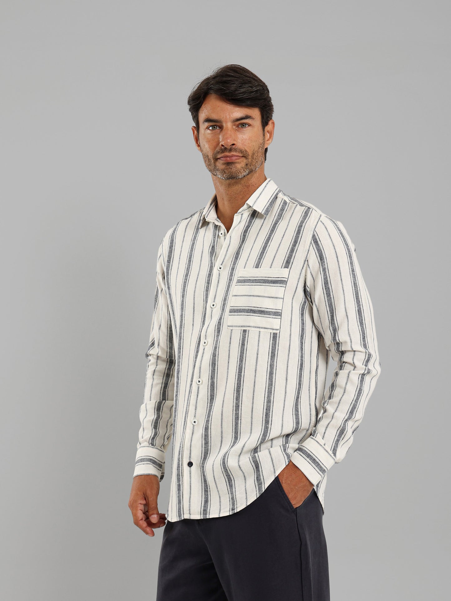 Kent Collar Striped Long Sleeve Shirt with Pocket