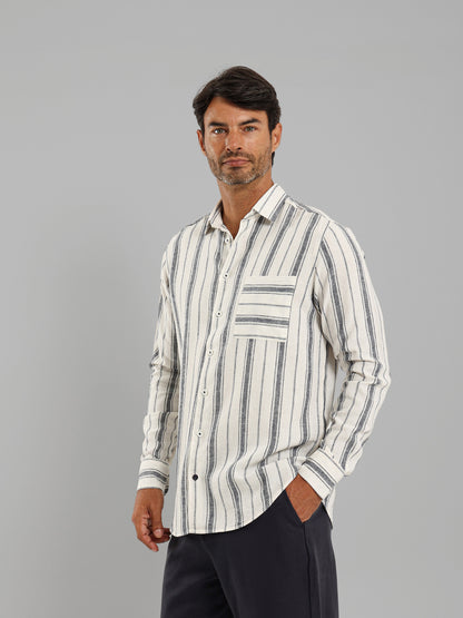 Kent Collar Striped Long Sleeve Shirt with Pocket