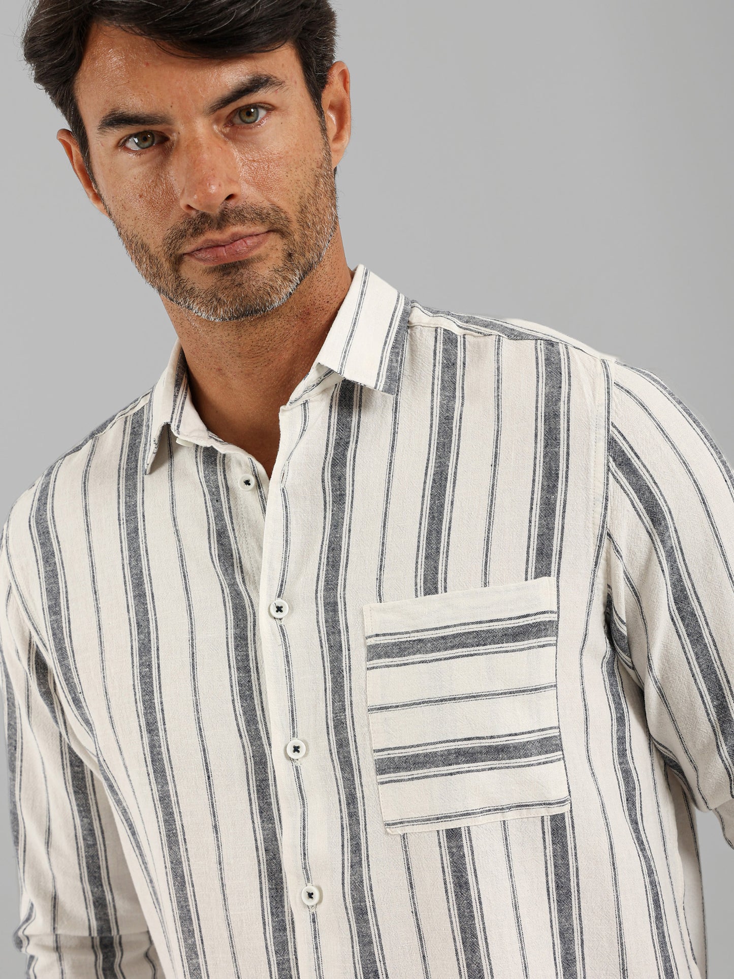 Kent Collar Striped Long Sleeve Shirt with Pocket