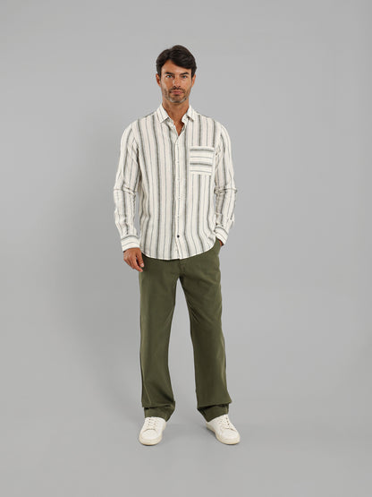 Kent Collar Striped Long Sleeve Shirt with Pocket