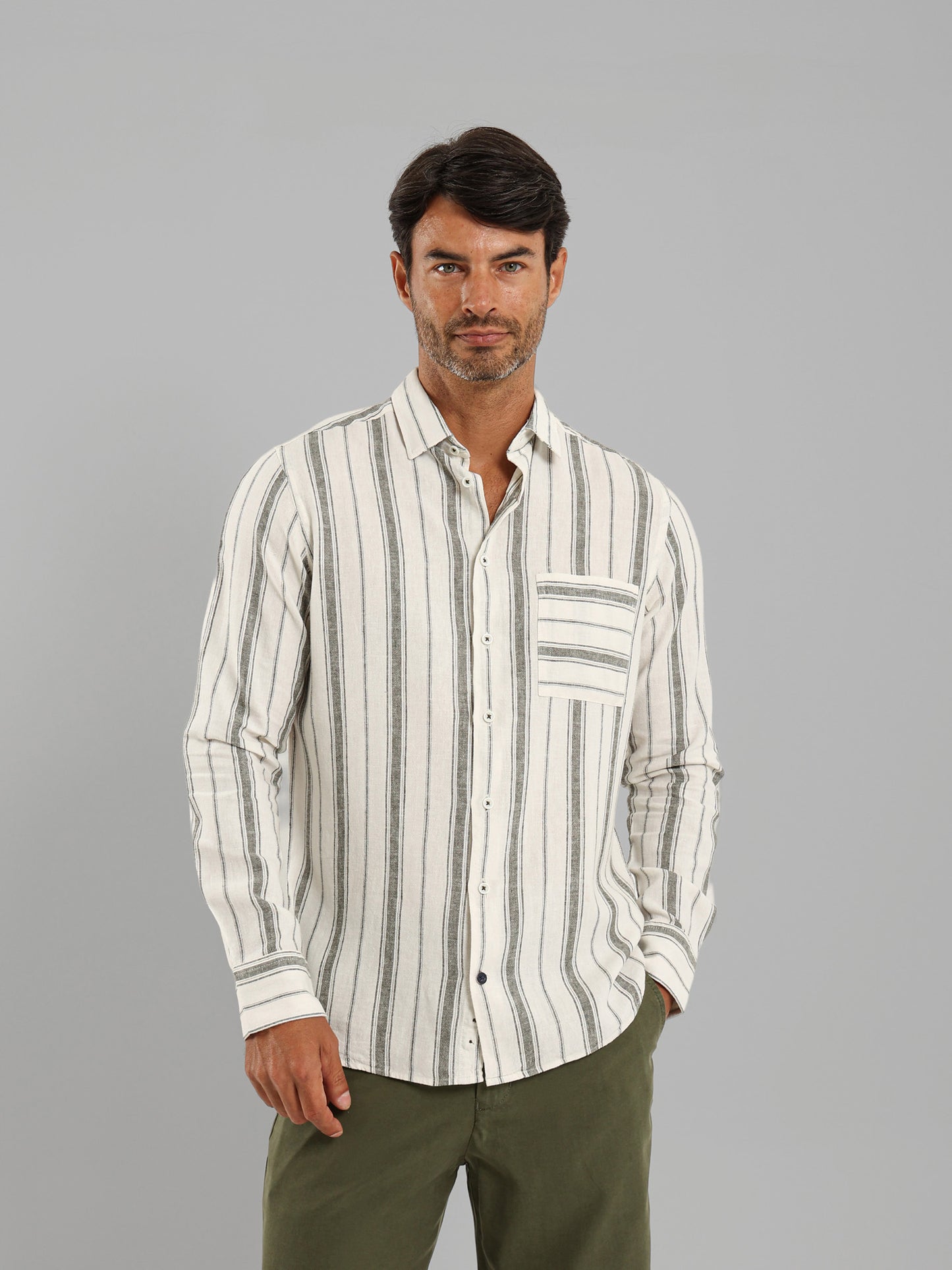 Kent Collar Striped Long Sleeve Shirt with Pocket