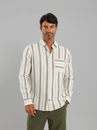 Kent Collar Striped Long Sleeve Shirt with Pocket