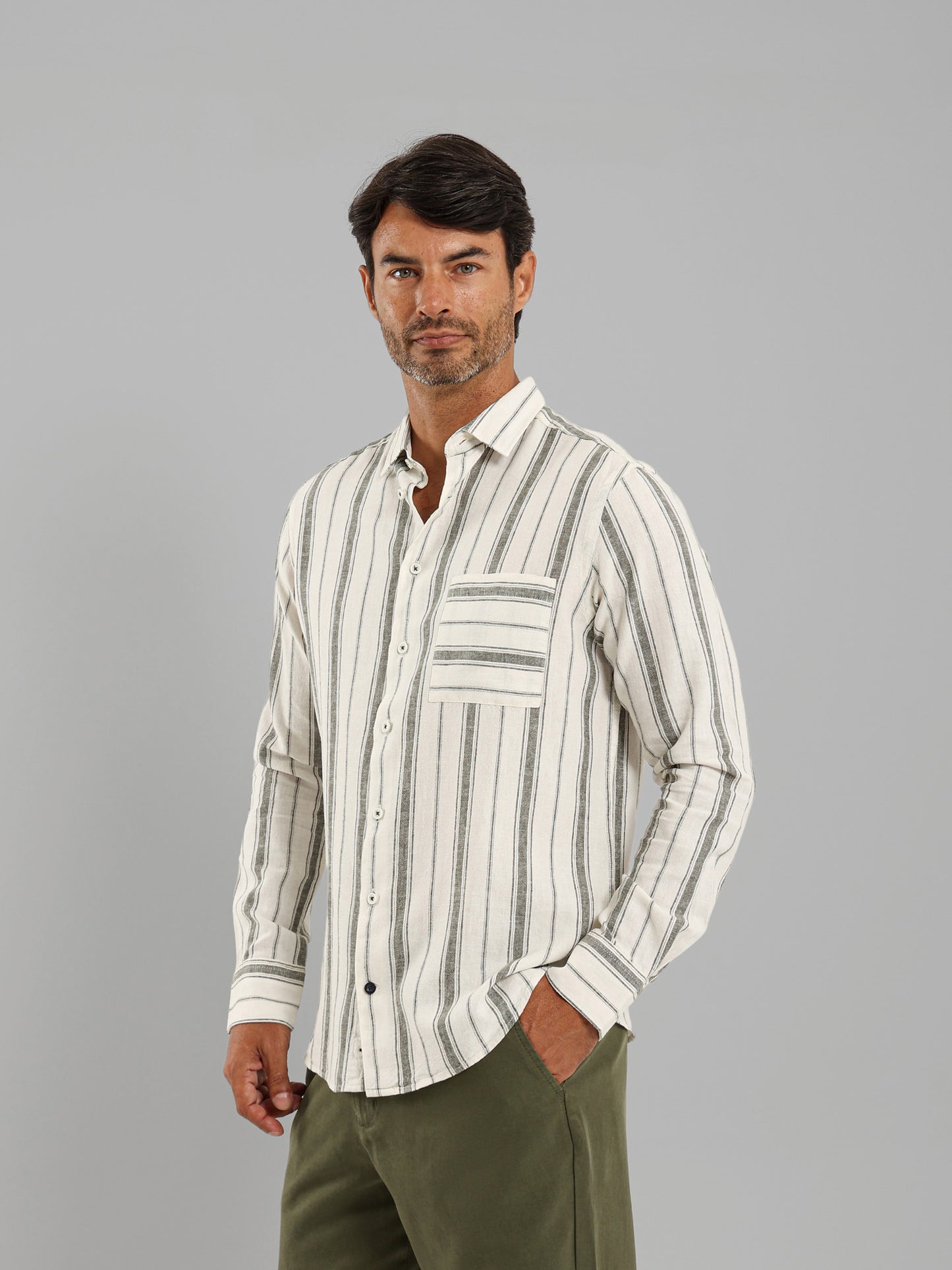 Kent Collar Striped Long Sleeve Shirt with Pocket