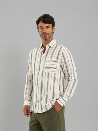 Kent Collar Striped Long Sleeve Shirt with Pocket