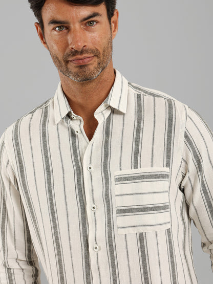 Kent Collar Striped Long Sleeve Shirt with Pocket