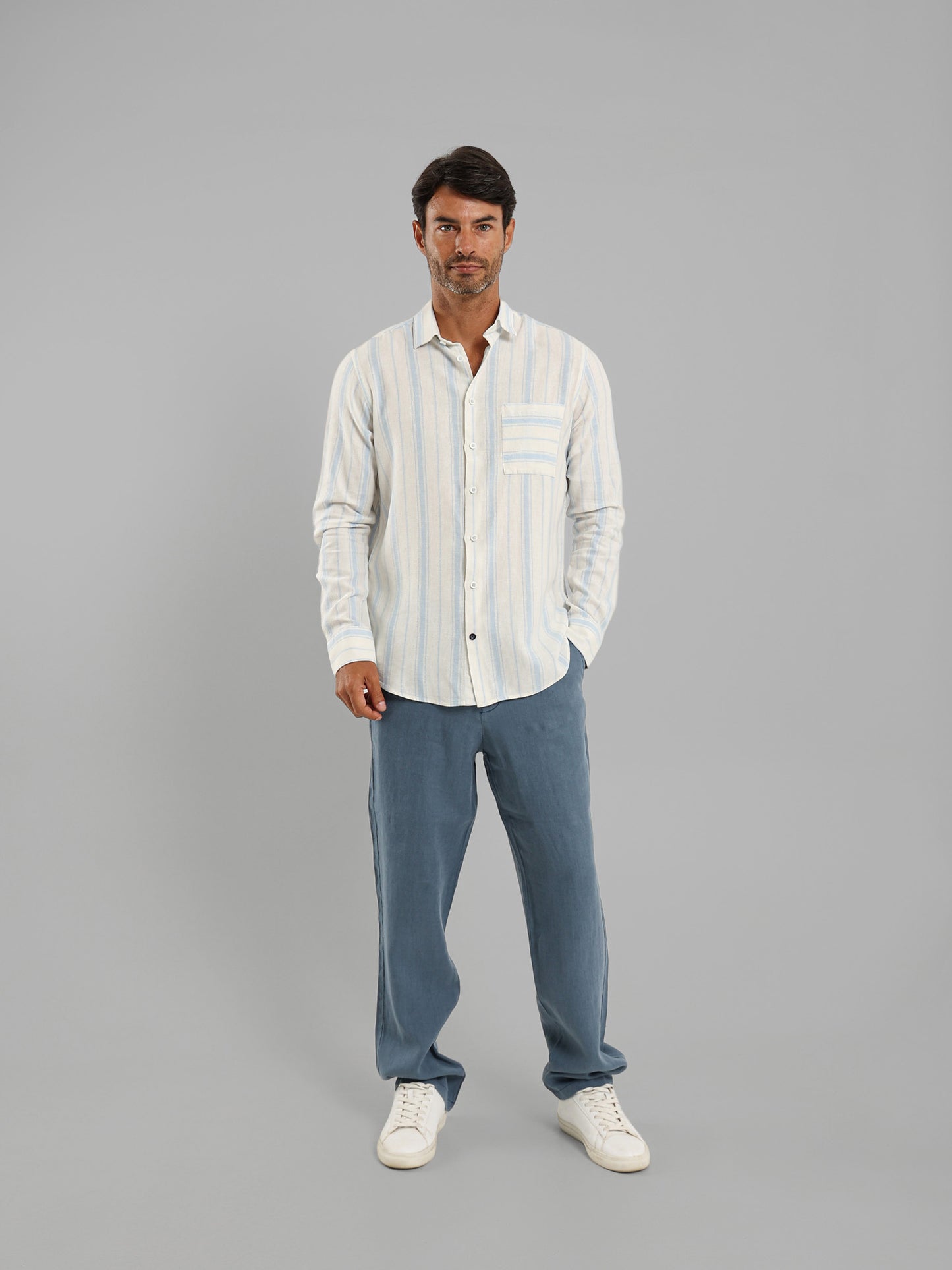 Kent Collar Striped Long Sleeve Shirt with Pocket