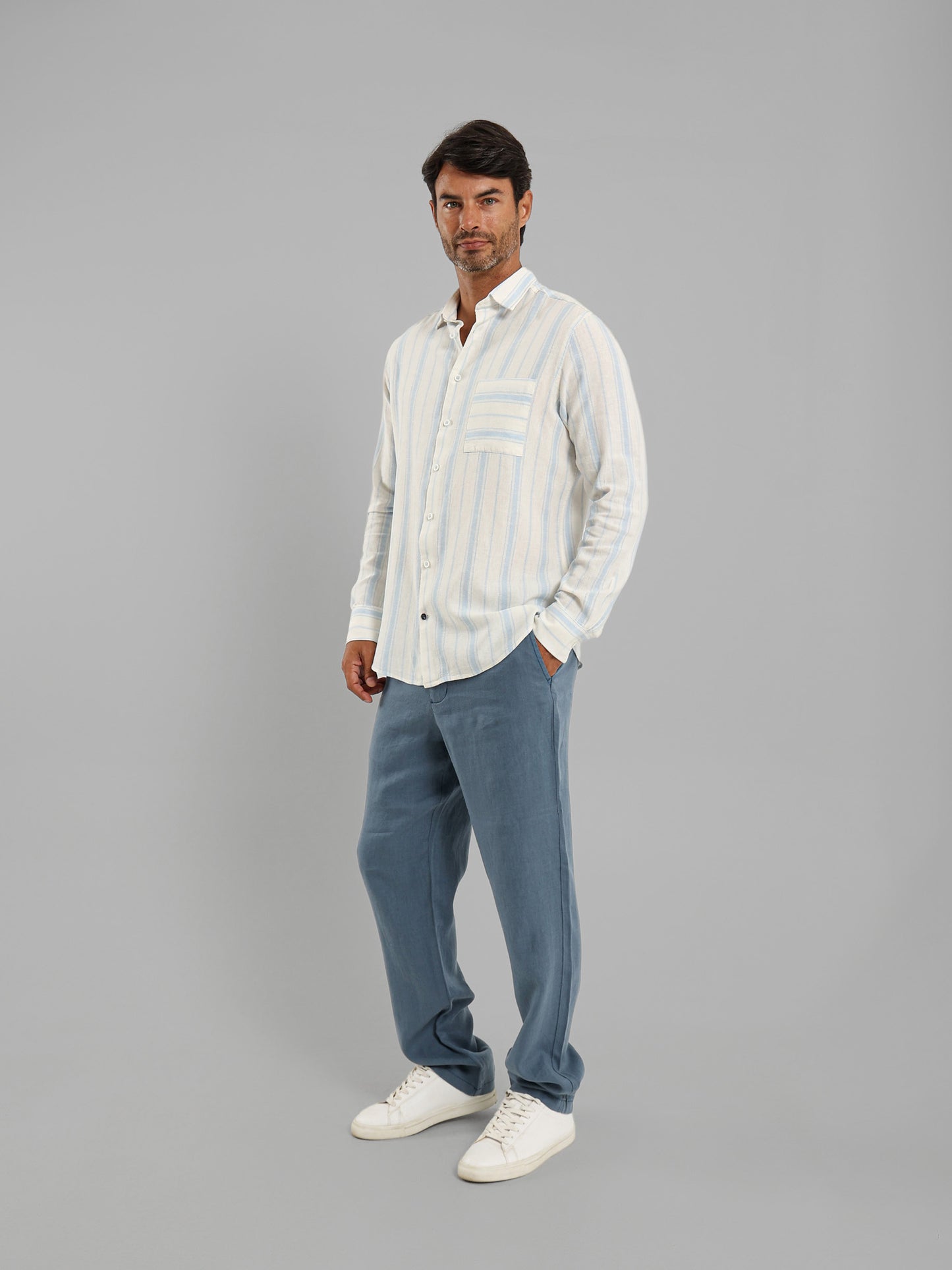Kent Collar Striped Long Sleeve Shirt with Pocket