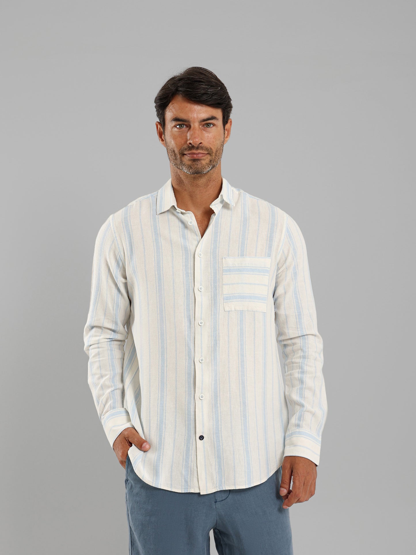 Kent Collar Striped Long Sleeve Shirt with Pocket
