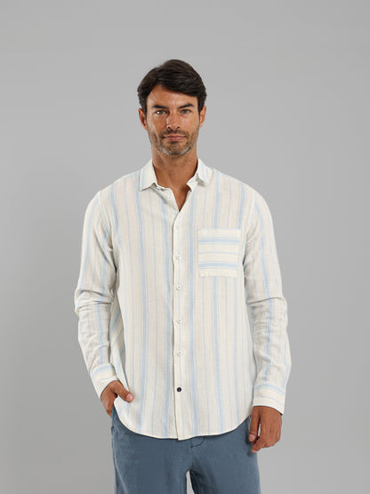Kent Collar Striped Long Sleeve Shirt with Pocket