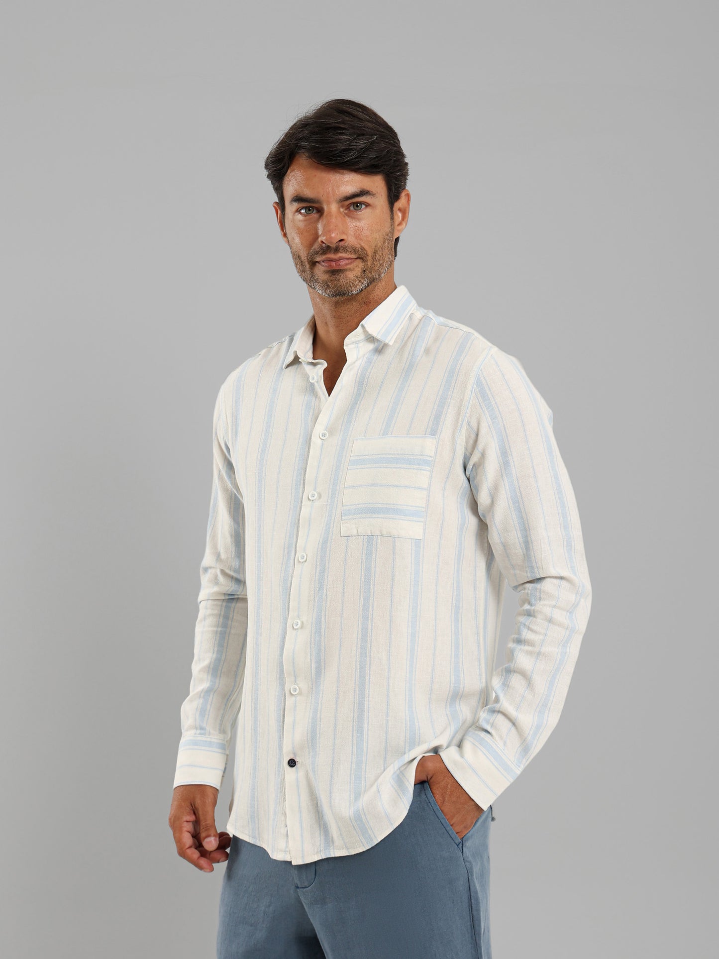 Kent Collar Striped Long Sleeve Shirt with Pocket