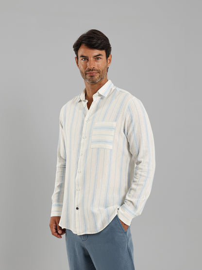 Kent Collar Striped Long Sleeve Shirt with Pocket