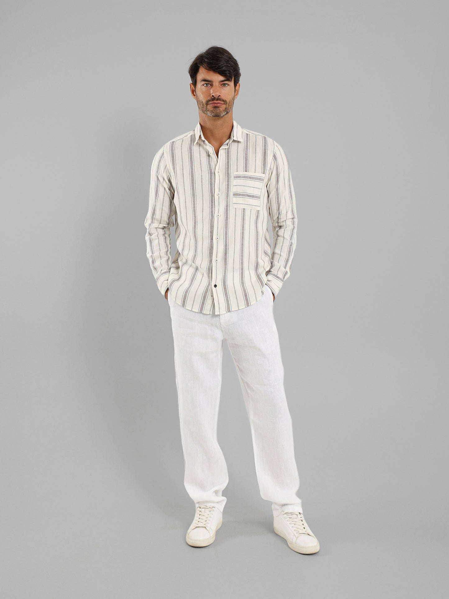 Kent Collar Striped Long Sleeve Shirt with Pocket