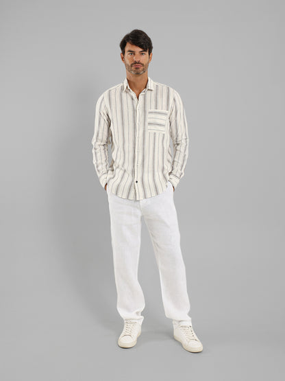 Kent Collar Striped Long Sleeve Shirt with Pocket