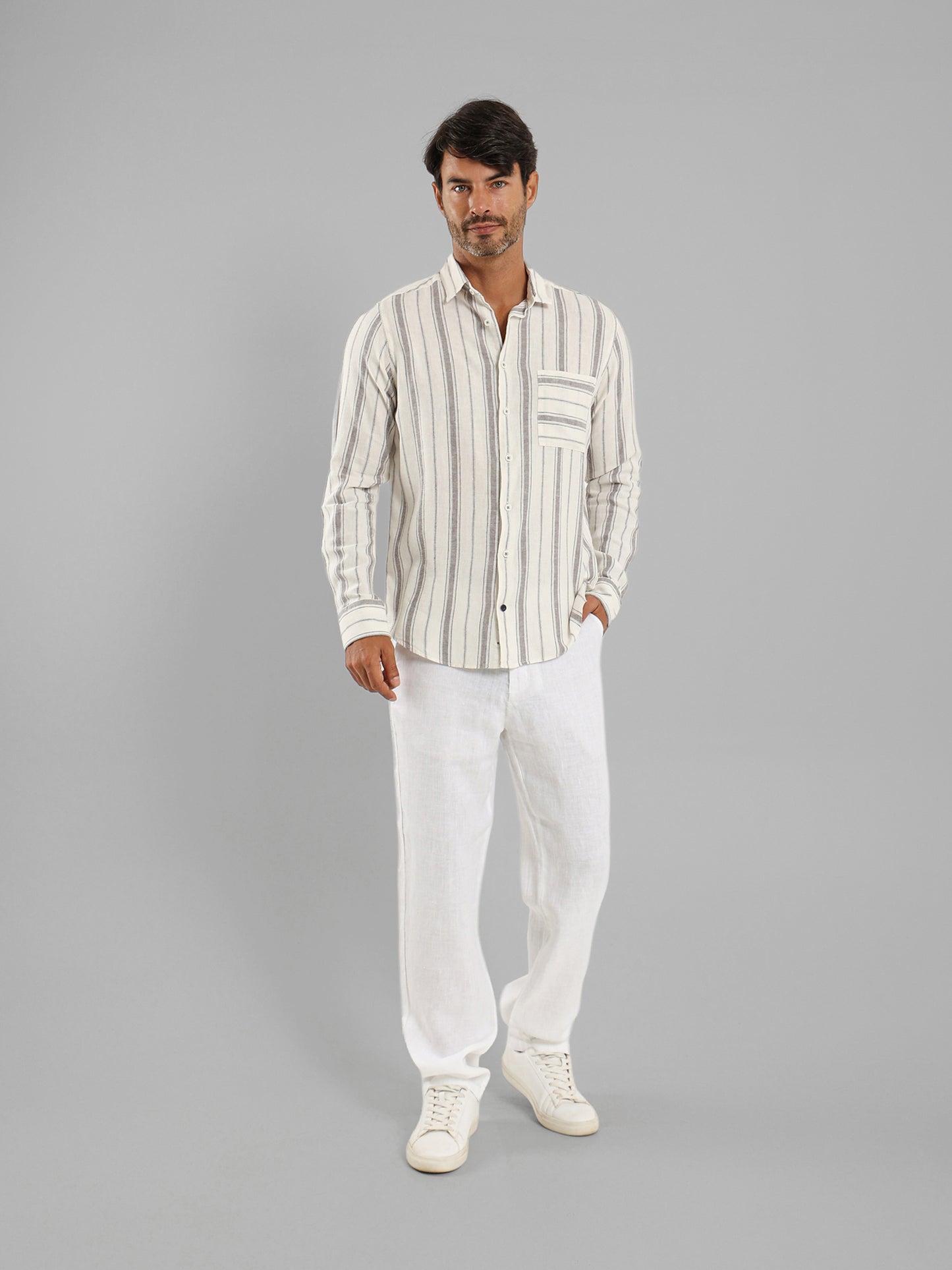 Kent Collar Striped Long Sleeve Shirt with Pocket