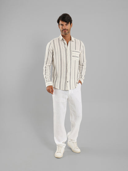 Kent Collar Striped Long Sleeve Shirt with Pocket