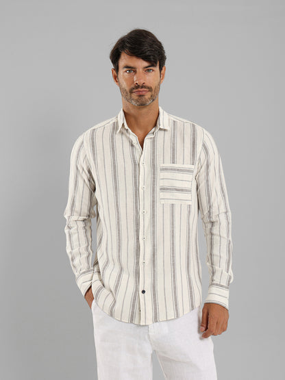 Kent Collar Striped Long Sleeve Shirt with Pocket