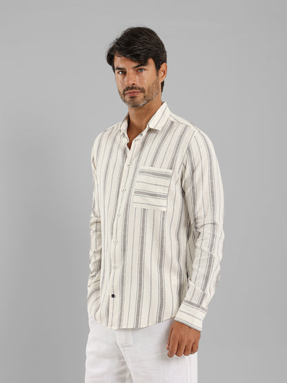 Kent Collar Striped Long Sleeve Shirt with Pocket