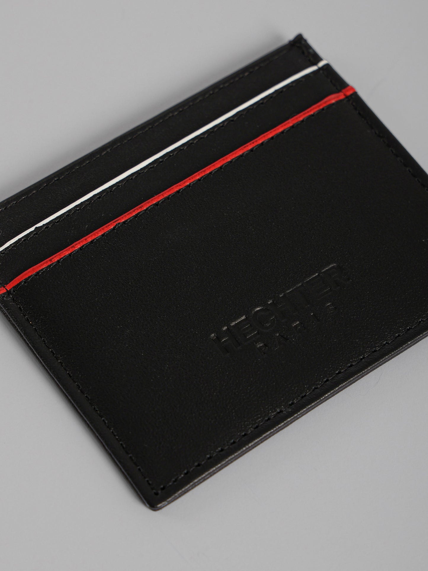 HECHTER Genuine Leather Card Holder with Signature Stripe Detail