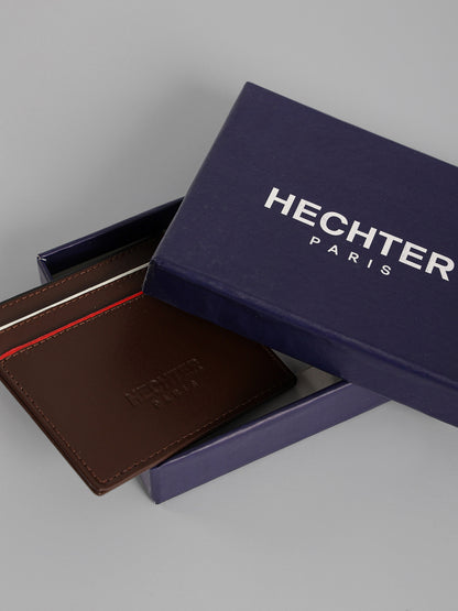 HECHTER Genuine Leather Card Holder with Signature Stripe Detail