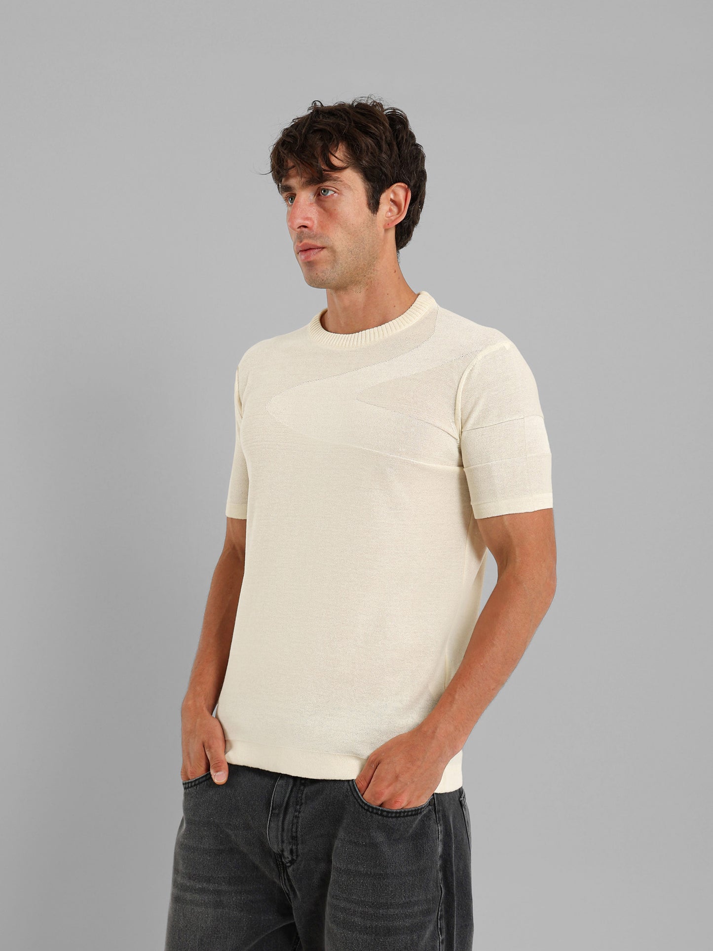 Ribbed Knit Round Neck T-Shirt