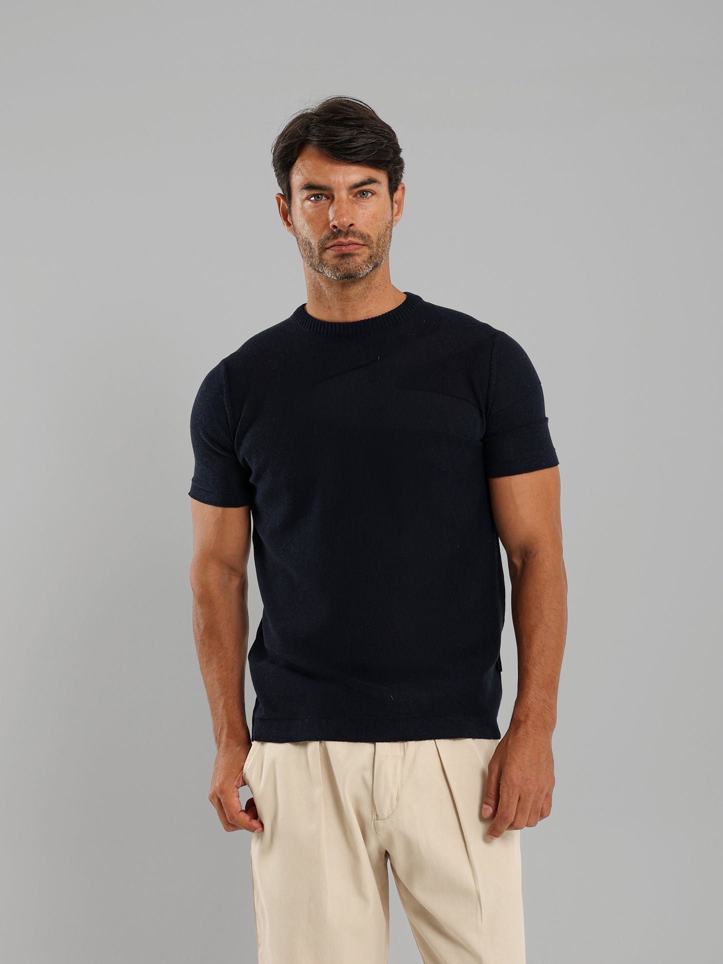 Ribbed Knit Round Neck T-Shirt