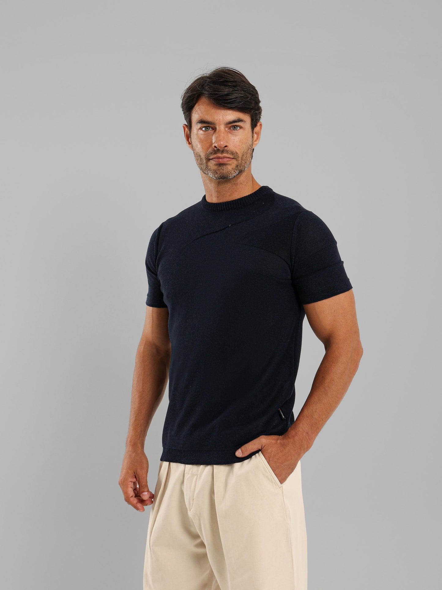 Ribbed Knit Round Neck T-Shirt
