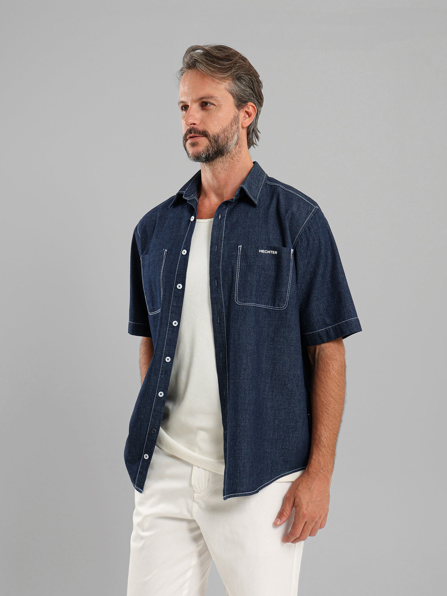 Kent Collar Short-Sleeve Denim Shirt