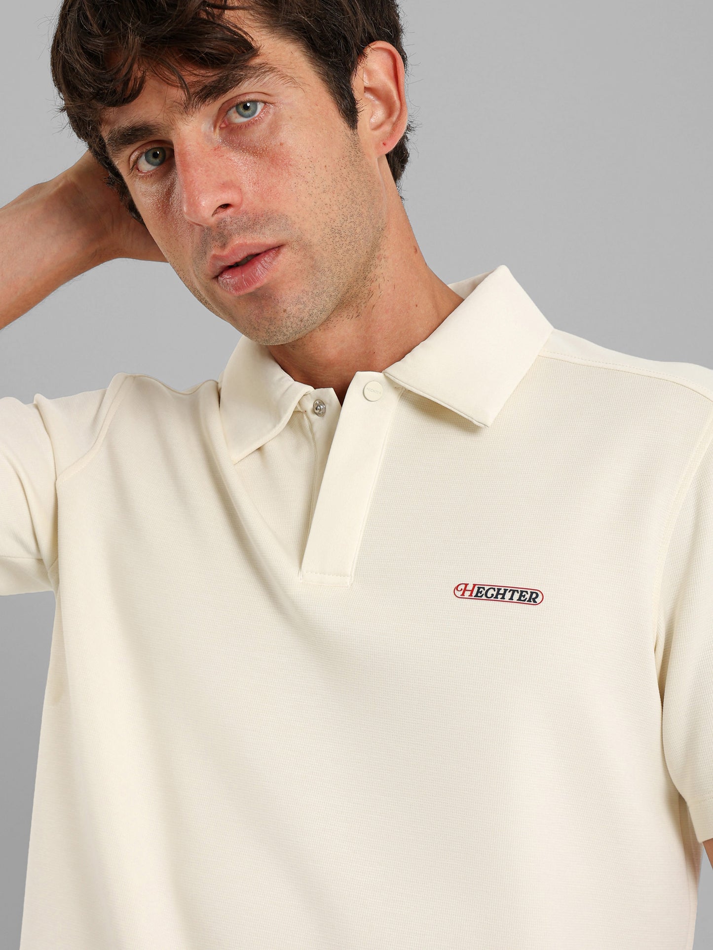Snap-Button Two-Fabric Polo Shirt