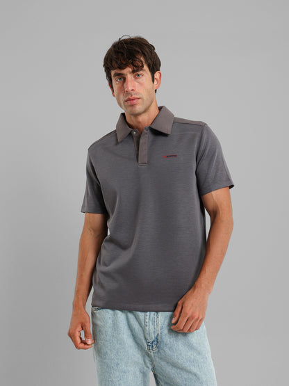 Snap-Button Two-Fabric Polo Shirt