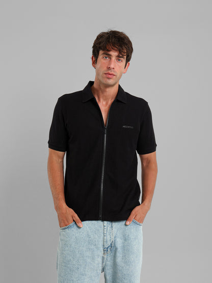 Textured Zip-Neck Polo Shirt