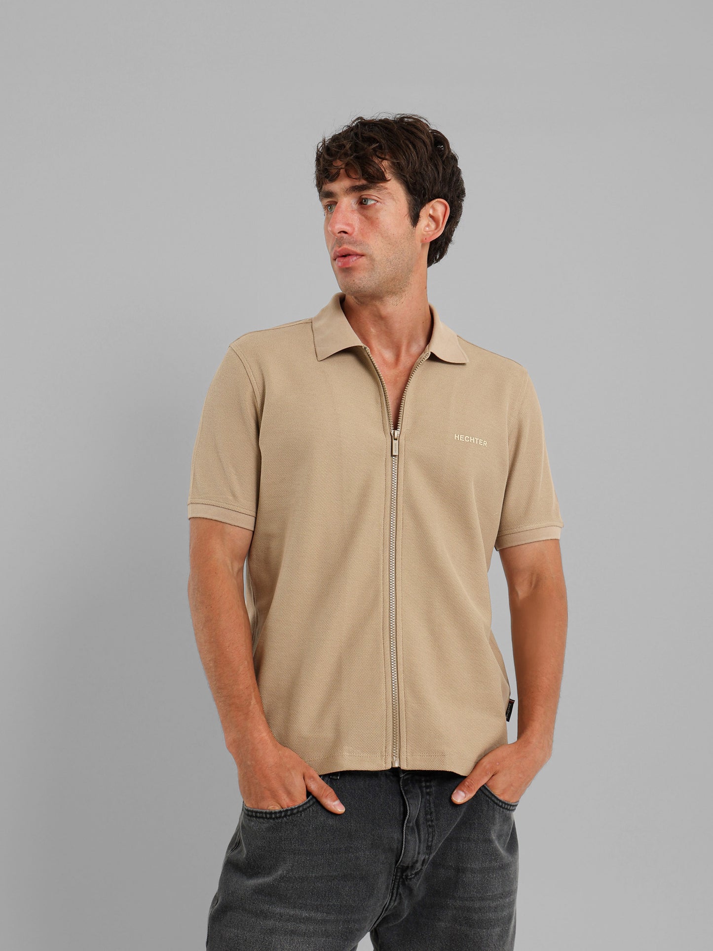 Textured Zip-Neck Polo Shirt