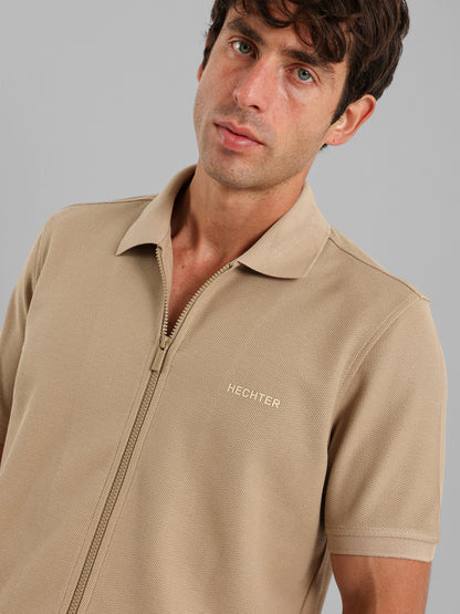 Textured Zip-Neck Polo Shirt