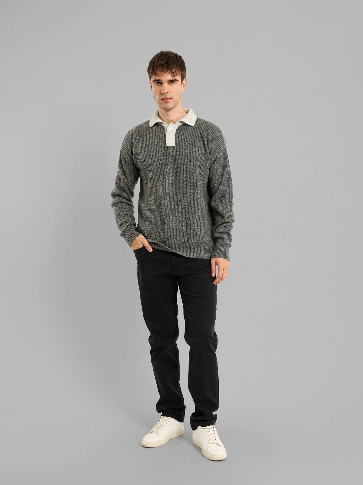 Long Sleeve Knit Polo with Contrast Placket