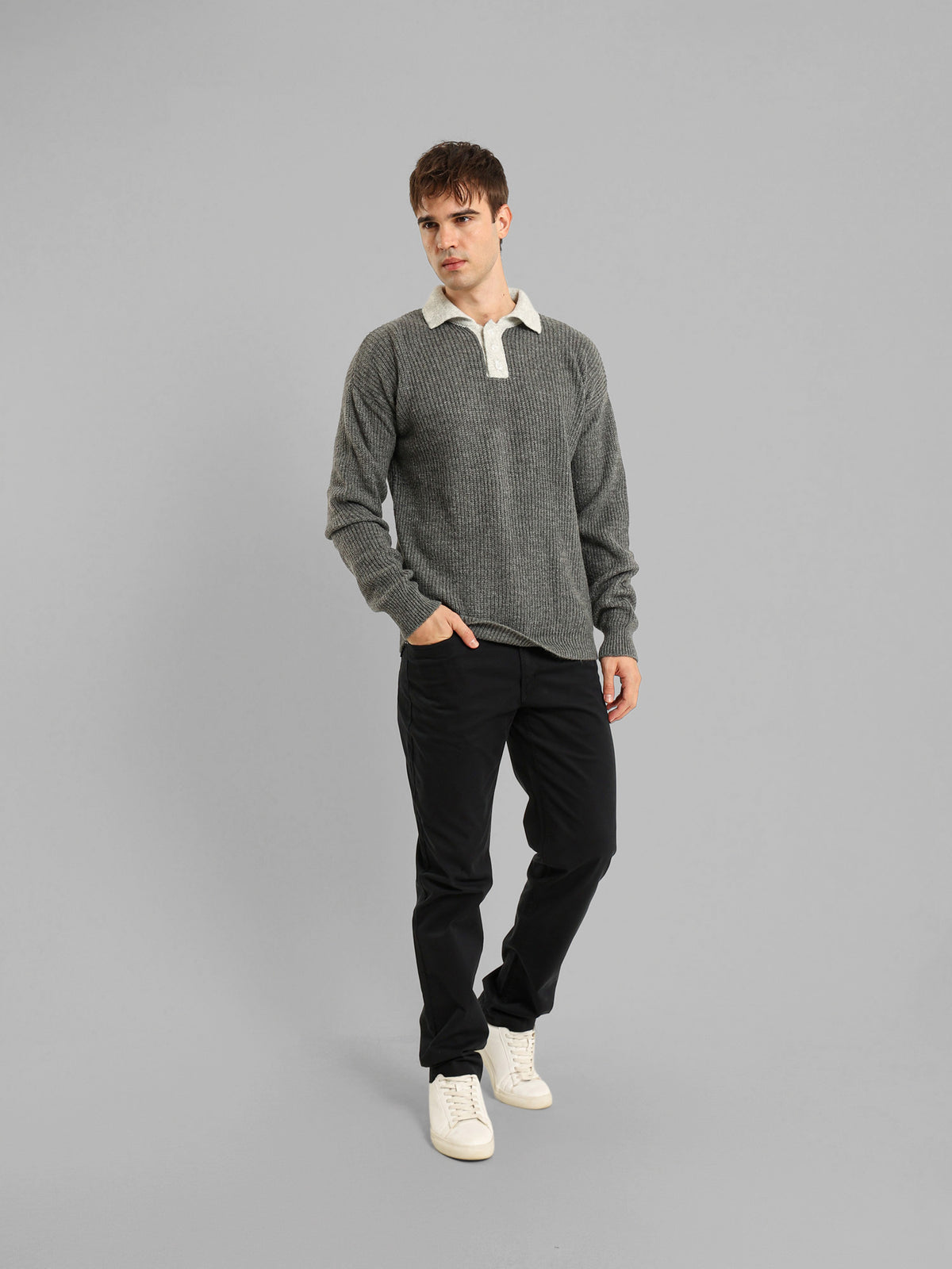 Long Sleeve Knit Polo with Contrast Placket