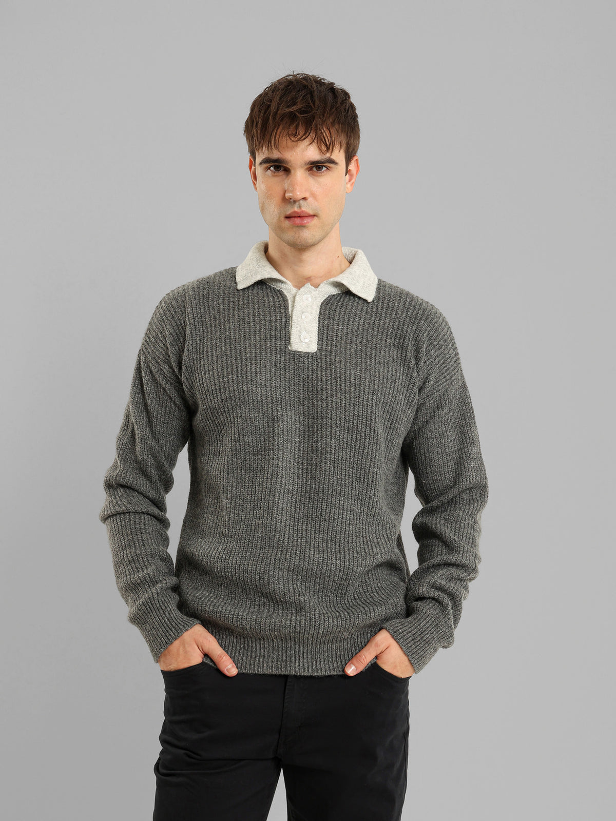 Long Sleeve Knit Polo with Contrast Placket