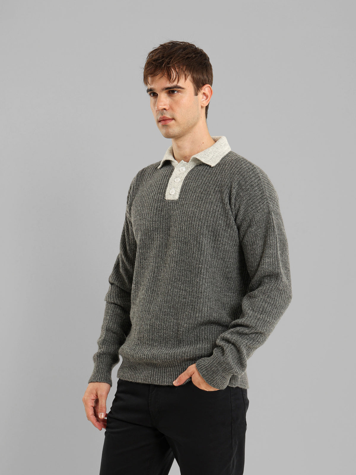 Long Sleeve Knit Polo with Contrast Placket